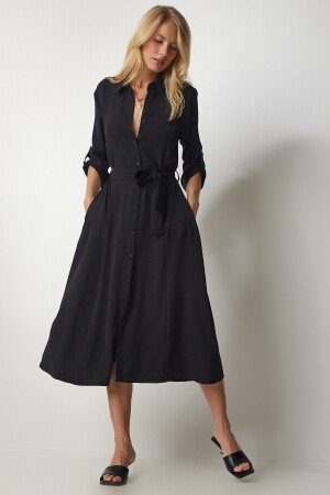 Women's Black Belted Shirt Dress DD01256 - Happiness İstanbul