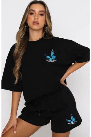 Women's Black Blue Butterfly Print Shorts Set - Alika