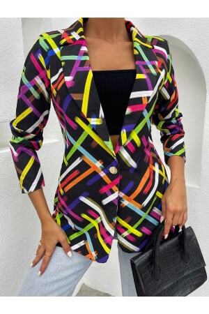 Women's Black Color Striped Single Button Jacket ARM-20Y001005 - Armonika