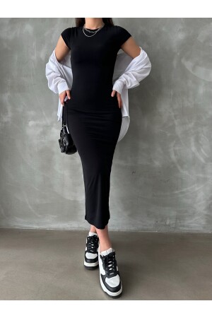 Women's Black Crew Neck Flexible Long Dress - Bejna
