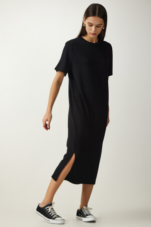 Women's Black Crew Neck Knitted Ribbed Dress DZ00111 - Happiness İstanbul