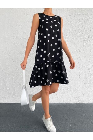 Women's Black Daisy Pattern Sleeveless Skirt Ruffle Dress ARM-22Y001123 - Armonika