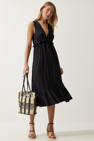Women's Black Deep V-Neck Thick Strap Knitted Dress MC00268 - Happiness İstanbul