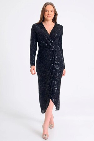 Women's Black Double Breasted Collar Sequined Design Plus Size Evening Dress - Zks Grup Tekstil