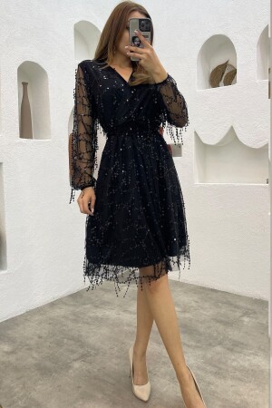Women's Black Double Breasted Collar Sequined Plus Size Evening Dress - Zks Grup Tekstil