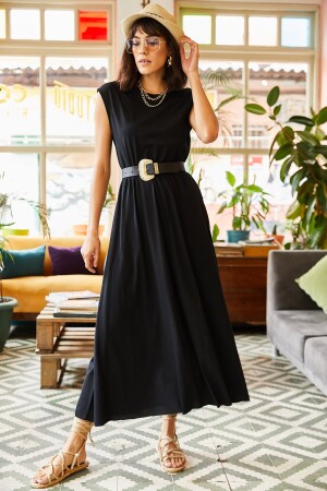 Women's Black Elastic Waist Bat Combed Cotton Dress ELB-19001509 - Olalook