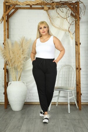 Women's Black Elastic Waist Pocket Plus Size Sweatpants - Maxi İdol