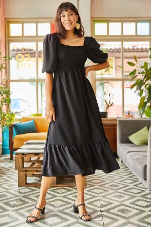 Women's Black Gimped Square Collar Bodrum Dress ELB-19001557 - Olalook