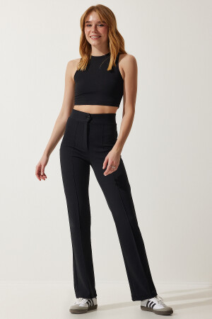 Women's Black High Waist Lycra Comfortable Knitted Trousers RV00090 - Happiness İstanbul