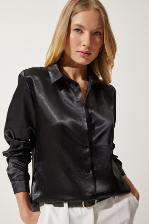 Women's Black Lightly Draped Satin Surface Shirt DD00990 - Happiness İstanbul