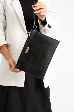 Women's Black Metal Accessory Hand Strap Portfolio Clutch Bag - Bagfoni
