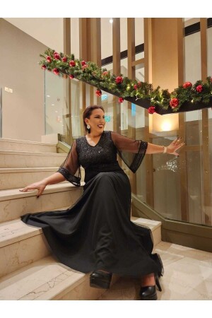 Women's Black Plus Size Maxi Length Evening Dress - Fidan Tekstil