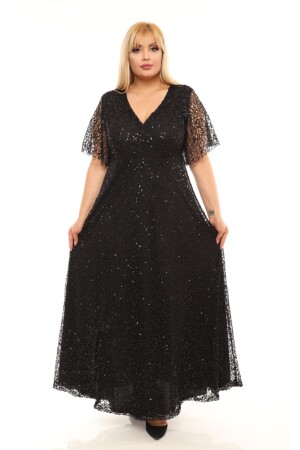 Women's Black Plus Size Mesh Sequin Degaje Evening Dress - Volinay
