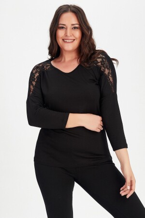 Women's Black Plus Size Robe Lace Detailed Long Sleeve Blouse - Moda Cazibe