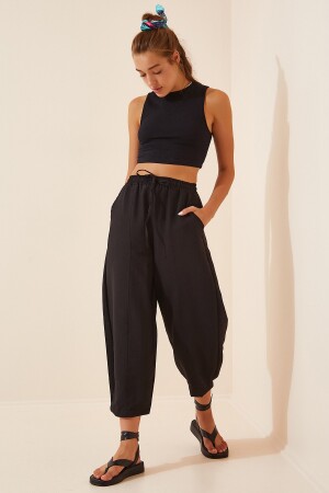 Women's Black Pocketed Linen Viscose Shalwar Trousers CV00001 - Happiness İstanbul