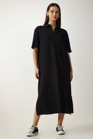 Women's Black Polo Neck Knitted Ribbed Dress DZ00110 - Happiness İstanbul