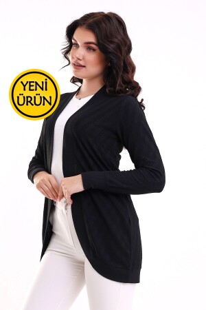 Women's Black Soft Textured Combed Cotton Oval Skirt Long Sleeve Knitted Jacquard Stretchy Cardigan & Kaftan - Şiir