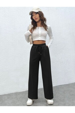 Women's Black Striped Wide Leg Sweatpants Without Pockets - Gerlay