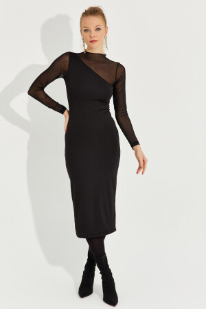 Women's Black Tulle Detailed Asymmetrical Midi Dress EY2601 - Cool & Sexy