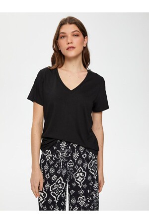 Women's Black V-Neck Short Sleeve T-shirt 00001. - Faik Sönmez