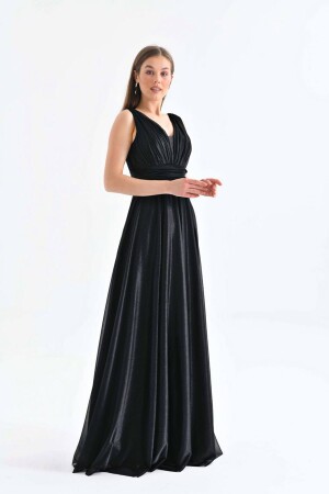 women's black v-neck silvery tulle evening dress NBS9223 - Neşeli Butik