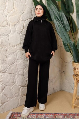 Women's Black Zipper Collar Trousers Knitwear Suit T 4208 24KTKPTR4208 - TRENDTESETTÜR