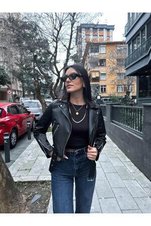 Women's Black Zipper Detailed Leather Jacket 3XL - Meecy