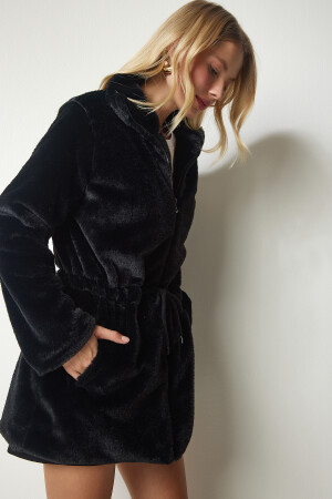 Women's Black Zippered Oversize Furry Plush Coat RV00149 40 - Happiness İstanbul