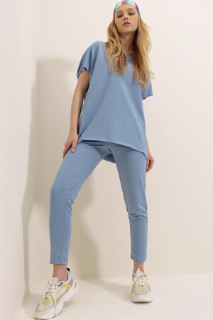Women's Blue Crew Neck Corduroy Tracksuit ALC-X5885 - Trend Alaçatı Stili