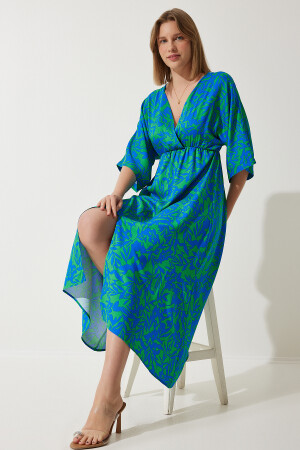 Women's Blue Green Deep V-Neck Summer Long Viscose Dress CI00081 - Happiness İstanbul