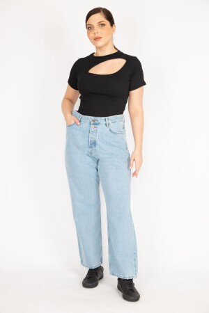 Women's Blue Large Size Washed Effect High Waist Front Buttoned Jeans 65n36219 - Şans