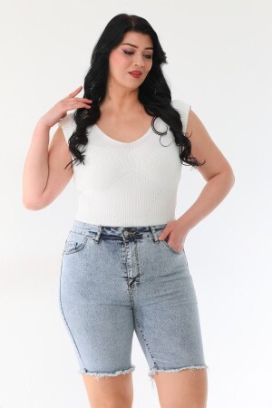 Women's Blue Plus Size High Waist Full Lycra Flexible Skinny Bermuda Denim Shorts - Podiumstar