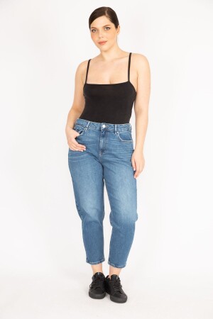 Women's Blue Plus Size Washed Effect High Waist Jeans 65n36220 - Şans