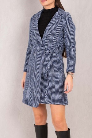 Women's Blue Side Tie Herringbone Pattern Long Cuff Coat ARM-24K001010 - Armonika