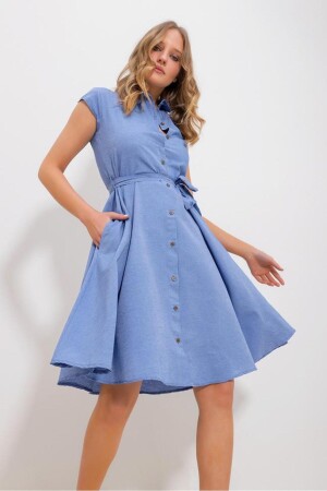 Women's Blue Sleeveless Linen Woven Shirt Dress ALC-X6056 - Trend Alaçatı Stili