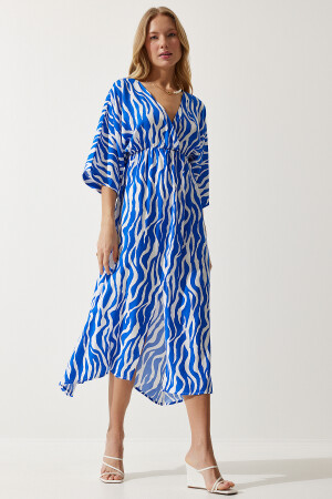 Women's Blue White Deep V-Neck Summer Long Viscose Dress CI00081 - Happiness İstanbul