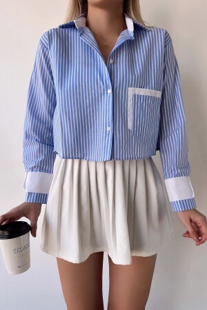 Women's Blue-white Striped Oversize Crop Woven Shirt with Garnished Cuffs and Pockets - Bacc