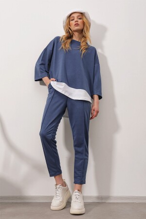 Women's Blue Wide Collar Elastic Waist Double Pocket Front Stitched Two Thread Bottom Top Set ALC-X8175 - Trend Alaçatı Stili