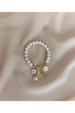 Women's Bracelet with Real Pearls and Enamel Letters, Stylish Bracelet with Gold Pearl and Oyster Hanging - Karaca Design