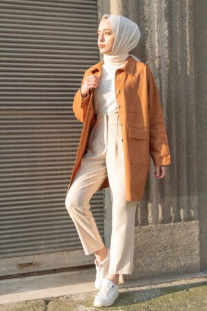 Women's Brown Double Pocket Gabardine Shirt - Caramel Butik