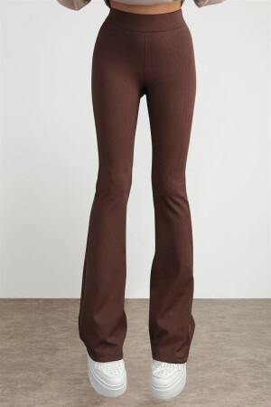 Women's Brown Flared Leg Ribbed High Waist Leggings S - Byhaziran Butik