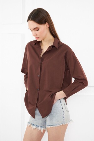Women's Brown Oversize Long Basic Shirt - Brako Tekstil