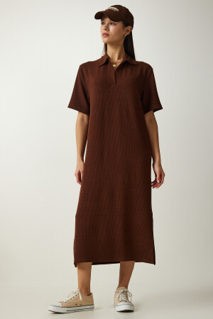 Women's Brown Polo Neck Knitted Ribbed Dress DZ00110 - Happiness İstanbul