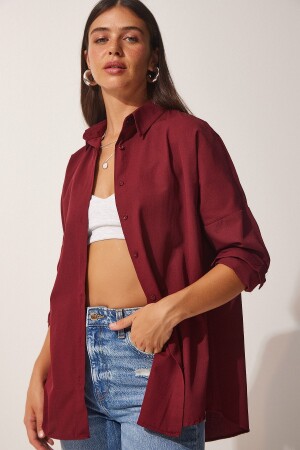 Women's Burgundy Oversize Long Basic Shirt DD00842 - Happiness İstanbul