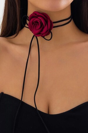 Women's Burgundy Satin Rose Choker Necklace - H&E Design