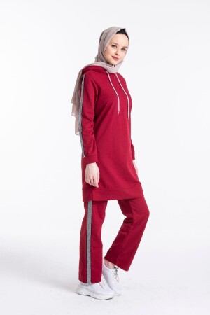 Women's Claret Red Hooded Sleeve Striped Tracksuit Set M - Cng Moda