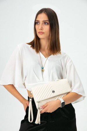 Women's Clutch Portfolio Bag Long Strap Ecru IZG2203 - MORCA