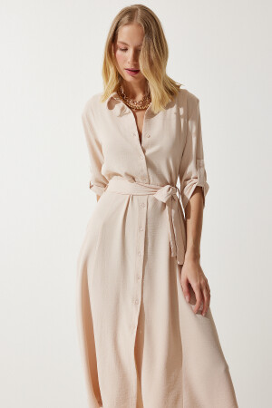 Women's Cream Belted Shirt Dress DD01256 - Happiness İstanbul