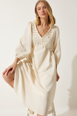 Women's Cream Guipure Detailed Summer Linen Dress BP00152 - Happiness İstanbul