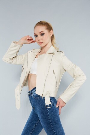 Women's Cream Leather Jacket with Zippered Sleeves - Sorteè